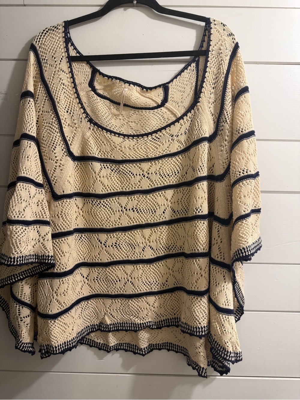 Free People Ivory Navy Open Knit Crochet Cotton Poncho Top Boho One Sized